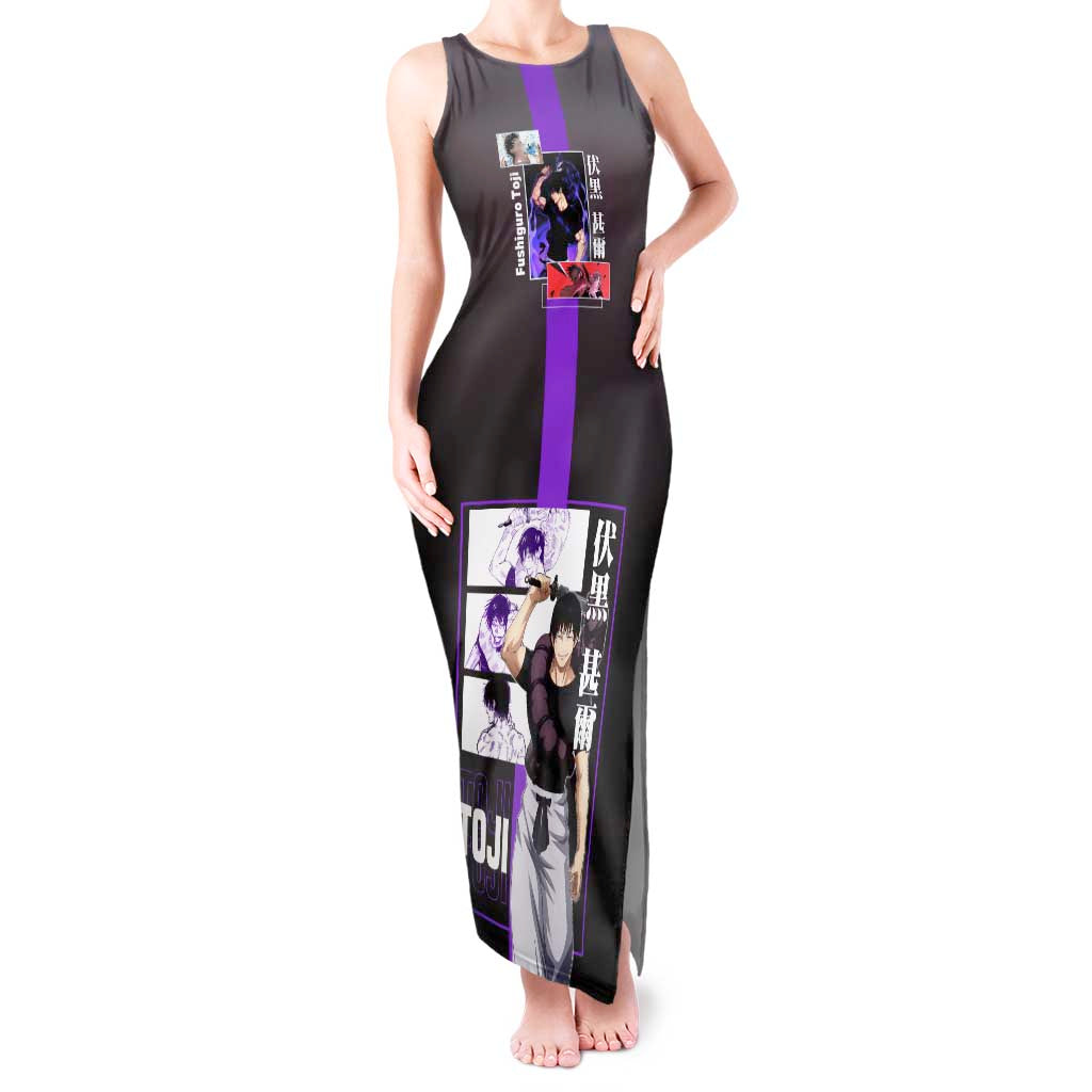 Fushiguro Toji from Jujutsu Kaisen Tank Maxi Dress with Purple and Black Background and Multiple Poses Design - The Mazicc