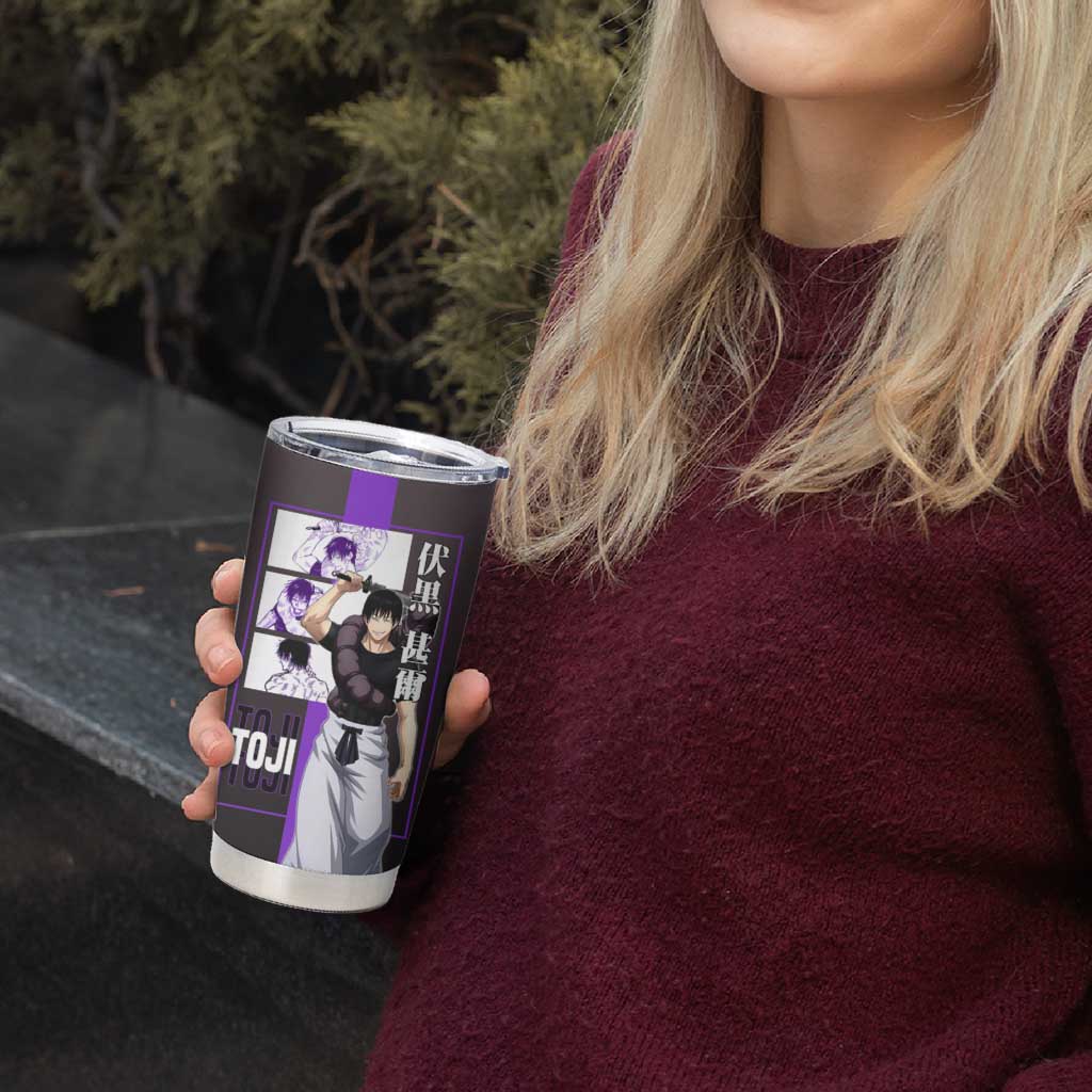 Fushiguro Toji from Jujutsu Kaisen Tumbler Cup with Purple and Black Background and Multiple Poses Design - The Mazicc