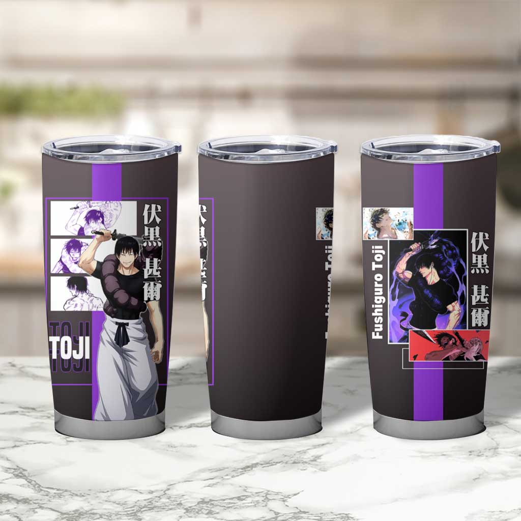 Fushiguro Toji from Jujutsu Kaisen Tumbler Cup with Purple and Black Background and Multiple Poses Design - The Mazicc