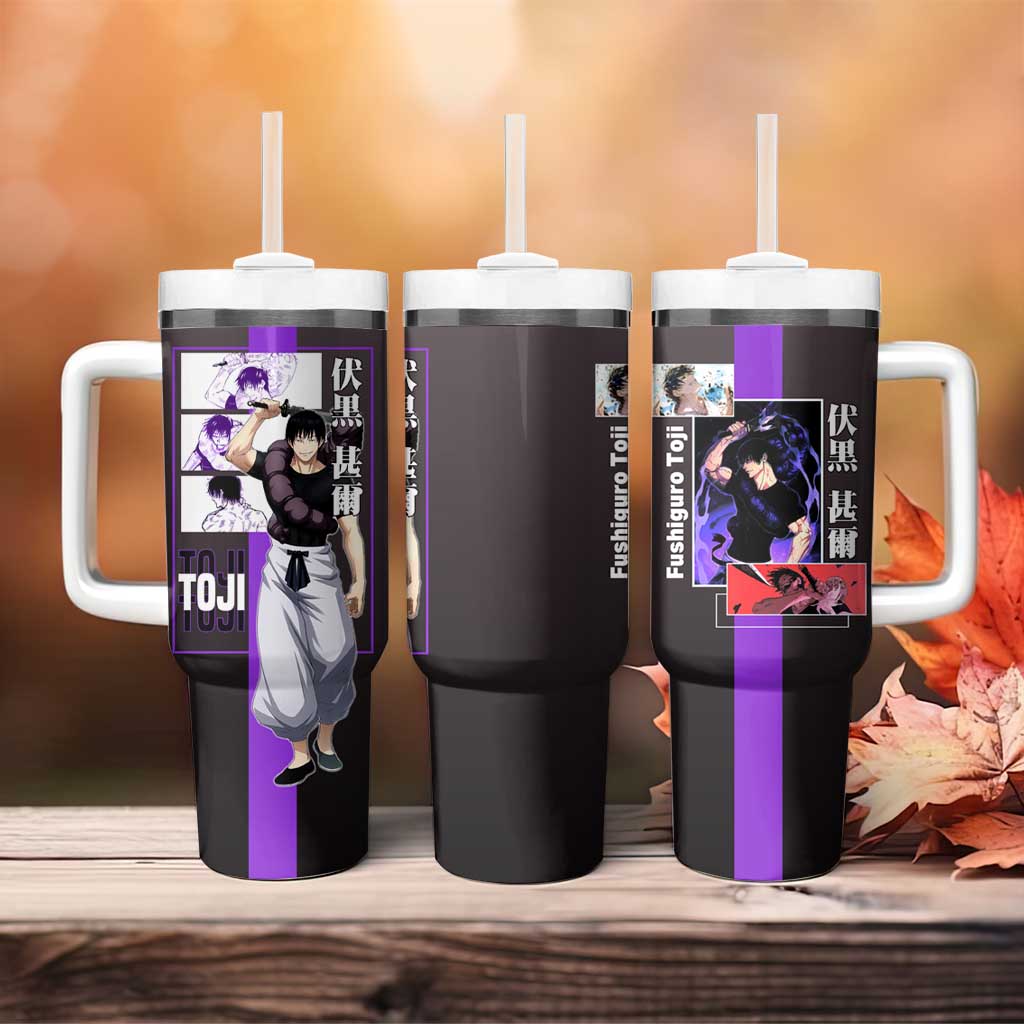 Fushiguro Toji from Jujutsu Kaisen Tumbler With Handle with Purple and Black Background and Multiple Poses Design - The Mazicc