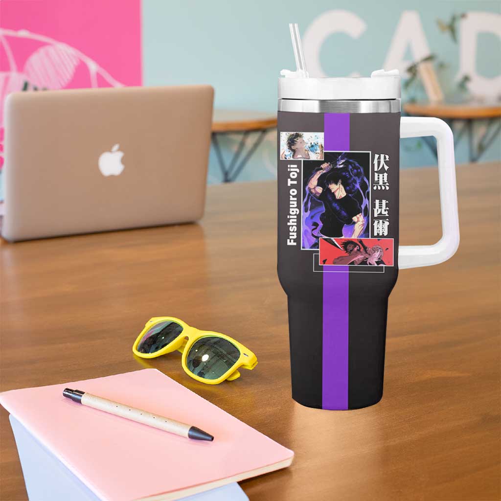 Fushiguro Toji from Jujutsu Kaisen Tumbler With Handle with Purple and Black Background and Multiple Poses Design - The Mazicc