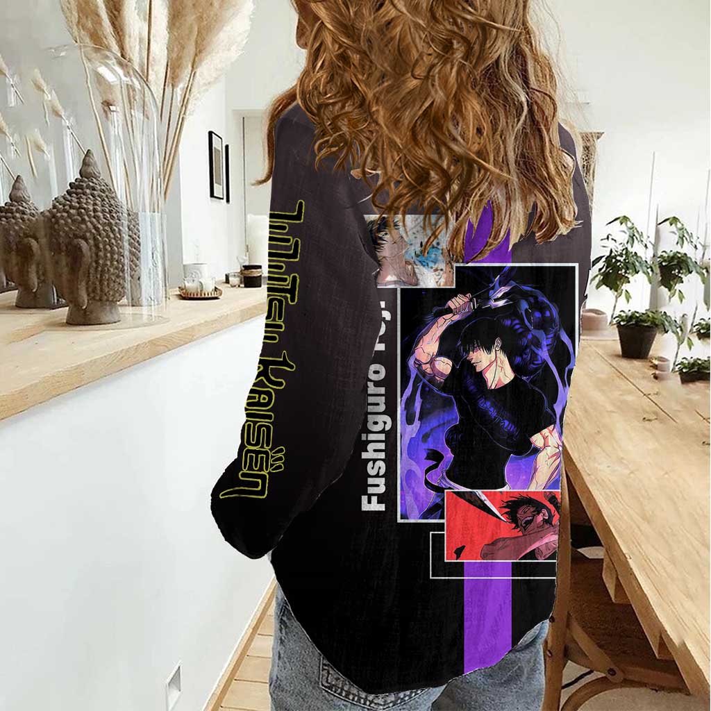 Fushiguro Toji from Jujutsu Kaisen Women Casual Shirt with Purple and Black Background and Multiple Poses Design - The Mazicc