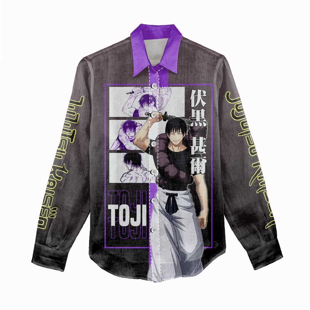 Fushiguro Toji from Jujutsu Kaisen Women Casual Shirt with Purple and Black Background and Multiple Poses Design - The Mazicc