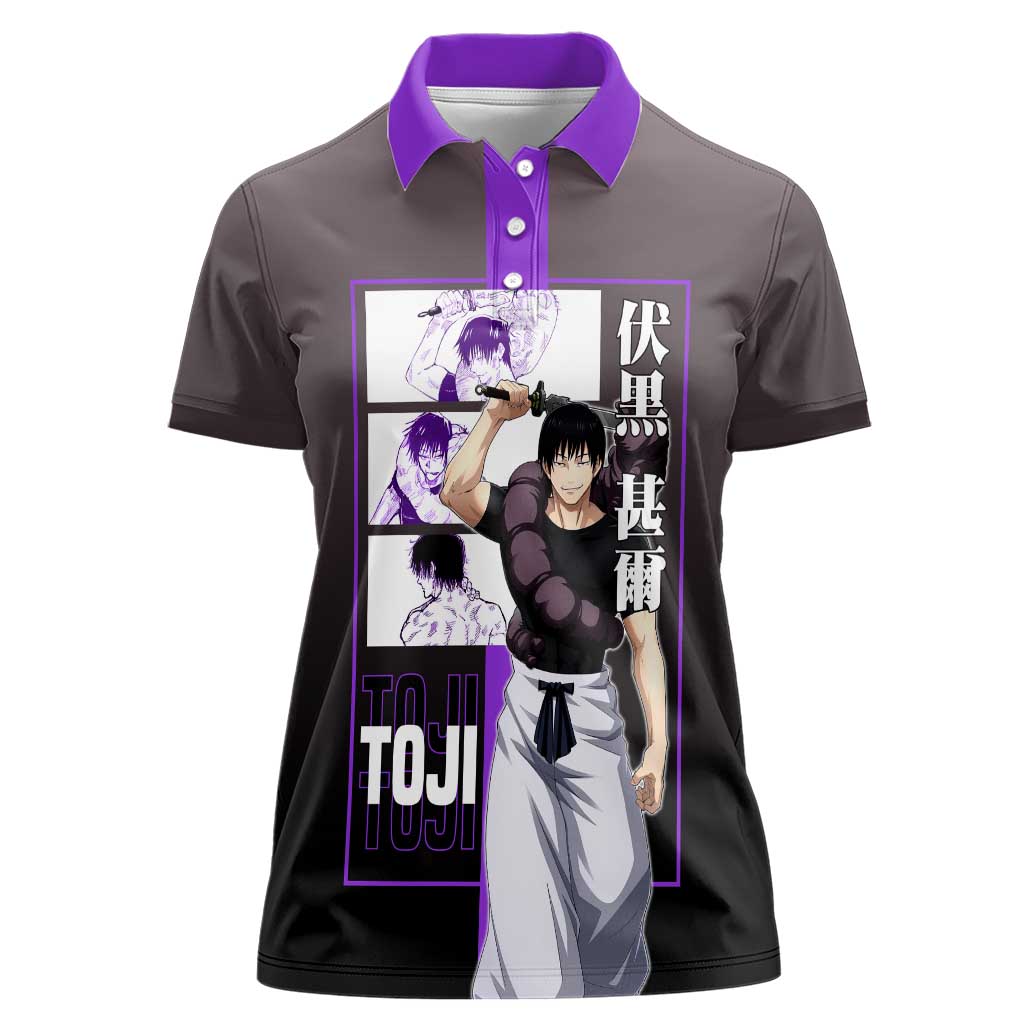Fushiguro Toji from Jujutsu Kaisen Women Polo Shirt with Purple and Black Background and Multiple Poses Design - The Mazicc