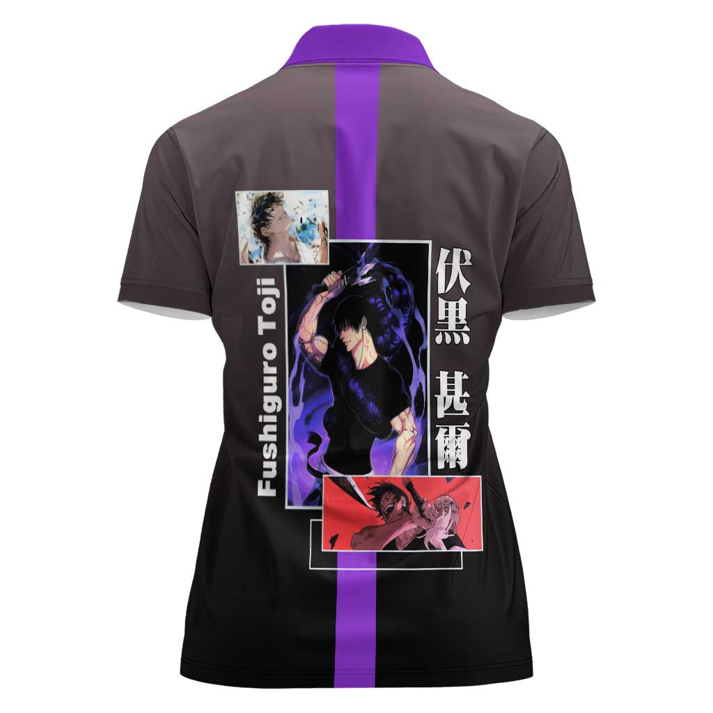 Fushiguro Toji from Jujutsu Kaisen Women Polo Shirt with Purple and Black Background and Multiple Poses Design - The Mazicc