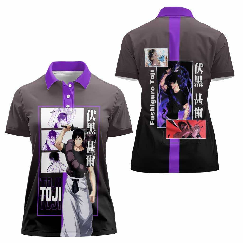 Fushiguro Toji from Jujutsu Kaisen Women Polo Shirt with Purple and Black Background and Multiple Poses Design - The Mazicc