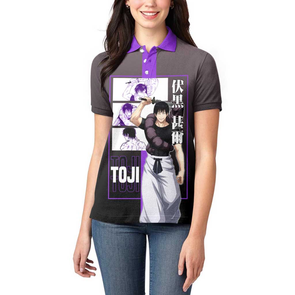 Fushiguro Toji from Jujutsu Kaisen Women Polo Shirt with Purple and Black Background and Multiple Poses Design - The Mazicc