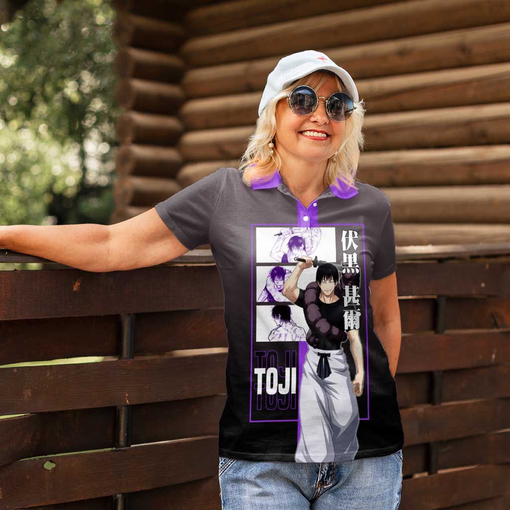 Fushiguro Toji from Jujutsu Kaisen Women Polo Shirt with Purple and Black Background and Multiple Poses Design - The Mazicc