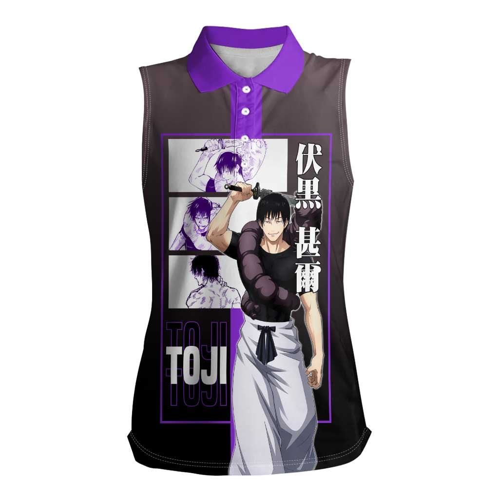 Fushiguro Toji from Jujutsu Kaisen Women Sleeveless Polo Shirt with Purple and Black Background and Multiple Poses Design - The Mazicc