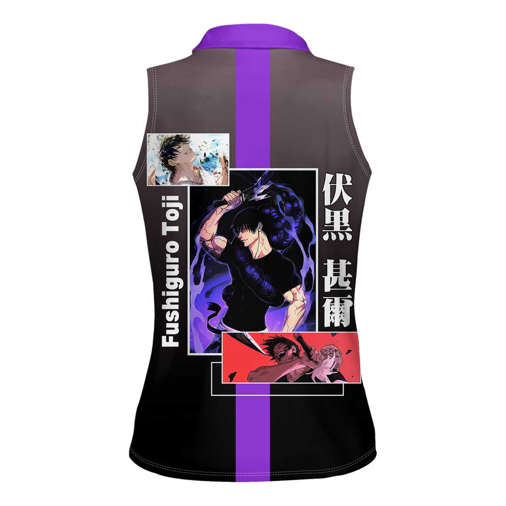 Fushiguro Toji from Jujutsu Kaisen Women Sleeveless Polo Shirt with Purple and Black Background and Multiple Poses Design - The Mazicc
