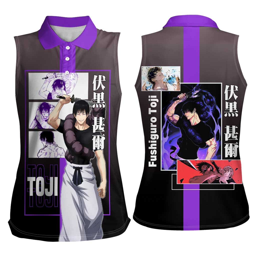 Fushiguro Toji from Jujutsu Kaisen Women Sleeveless Polo Shirt with Purple and Black Background and Multiple Poses Design - The Mazicc