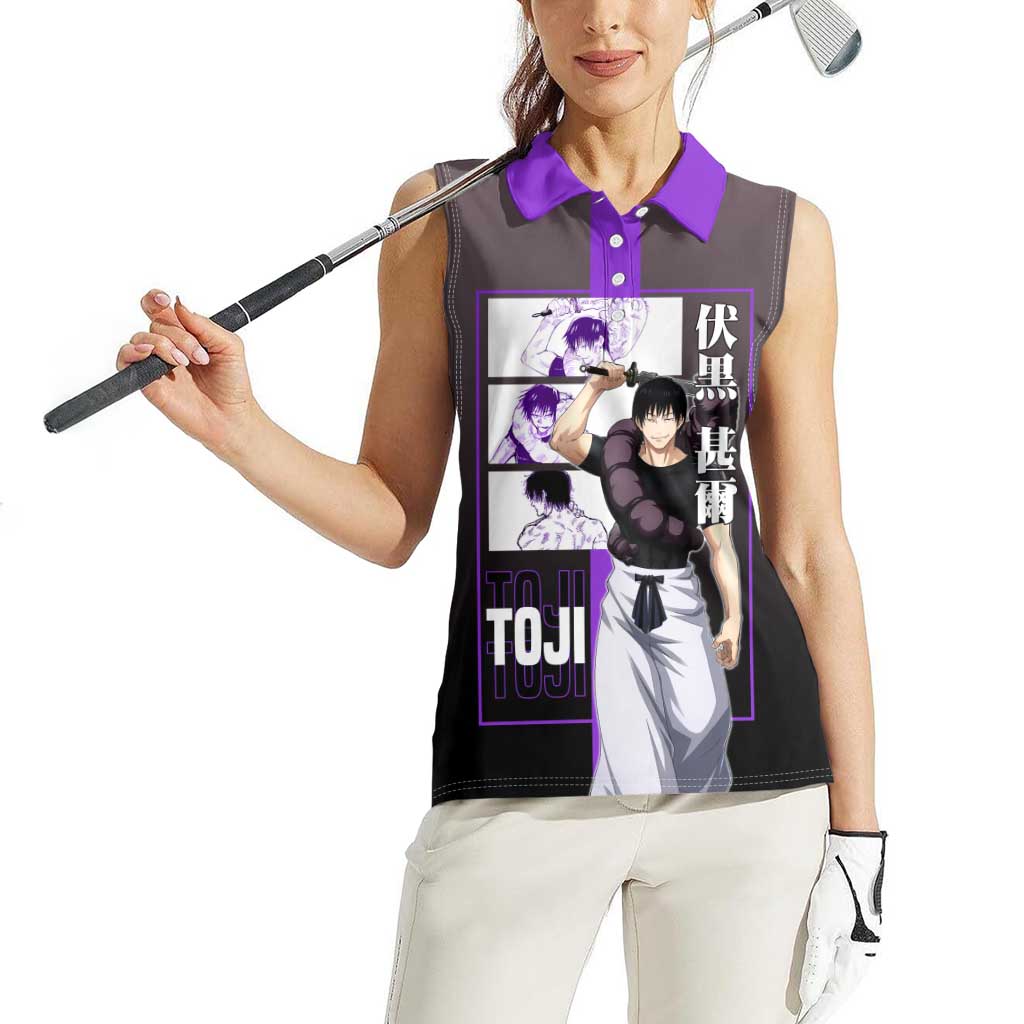 Fushiguro Toji from Jujutsu Kaisen Women Sleeveless Polo Shirt with Purple and Black Background and Multiple Poses Design - The Mazicc