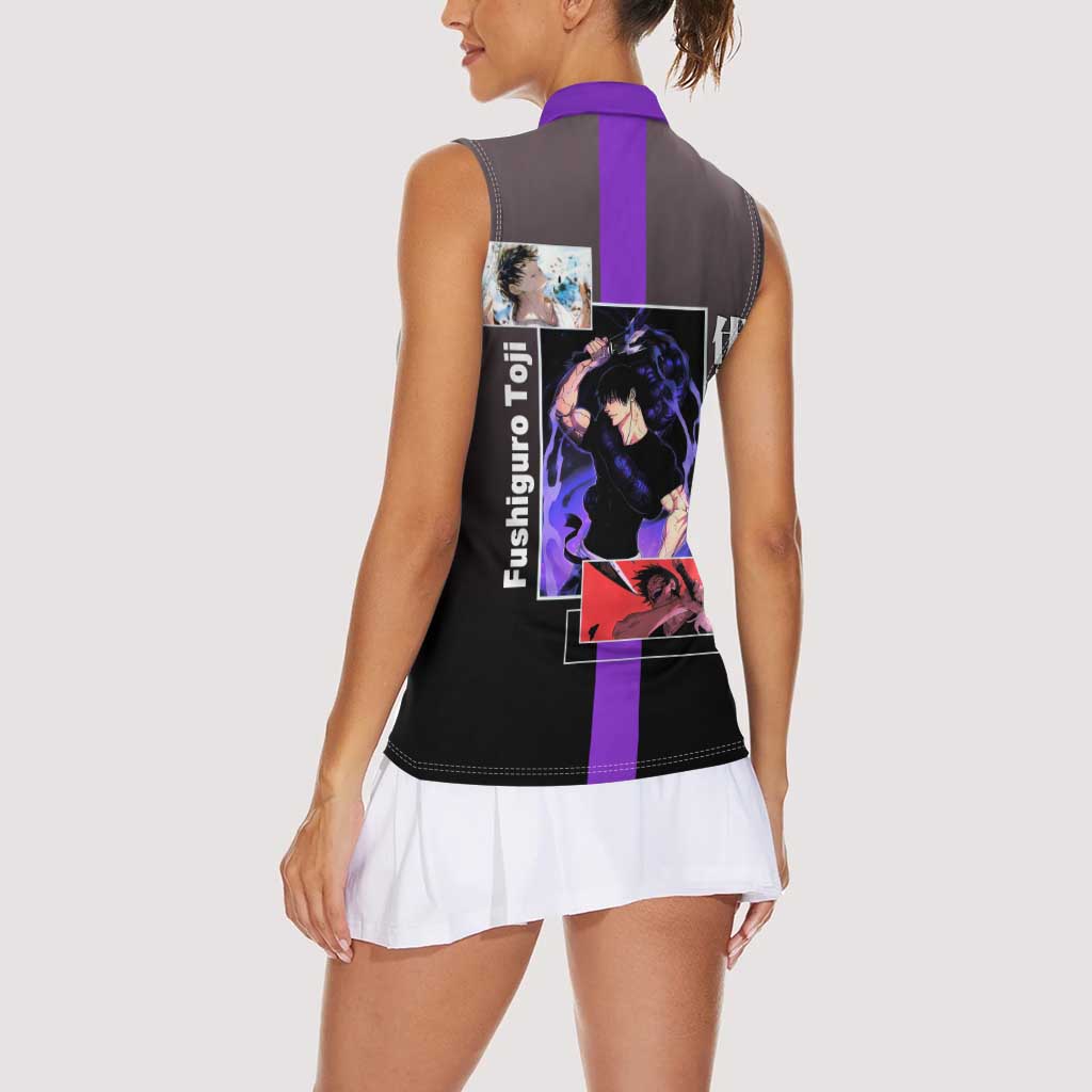 Fushiguro Toji from Jujutsu Kaisen Women Sleeveless Polo Shirt with Purple and Black Background and Multiple Poses Design - The Mazicc