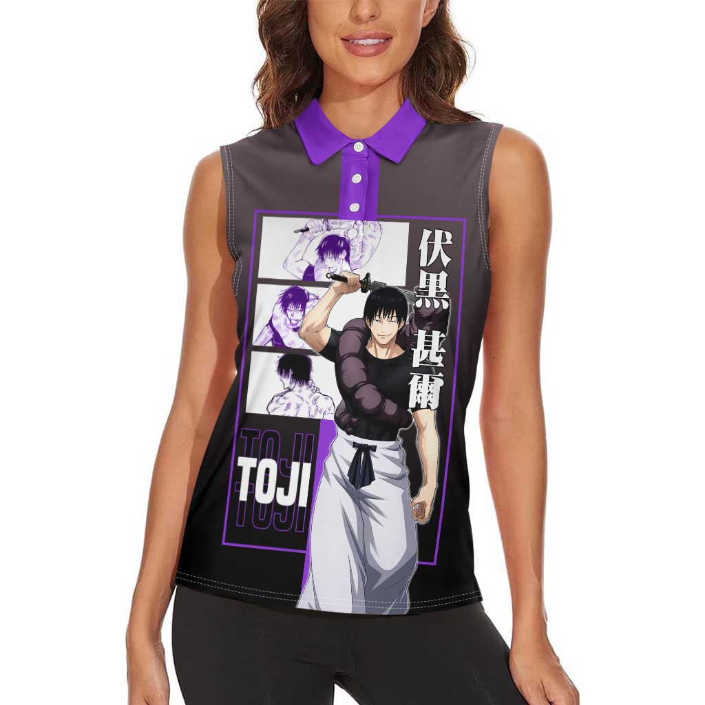 Fushiguro Toji from Jujutsu Kaisen Women Sleeveless Polo Shirt with Purple and Black Background and Multiple Poses Design - The Mazicc