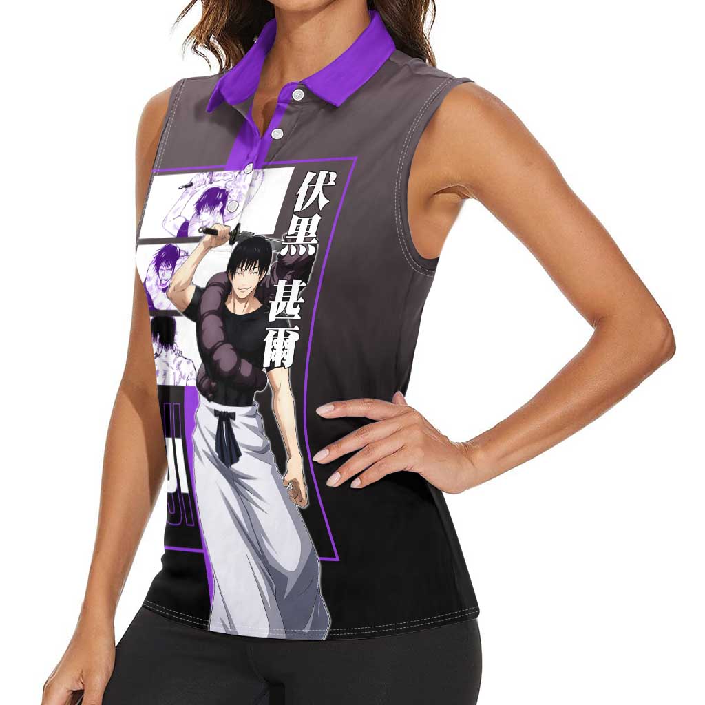 Fushiguro Toji from Jujutsu Kaisen Women Sleeveless Polo Shirt with Purple and Black Background and Multiple Poses Design - The Mazicc