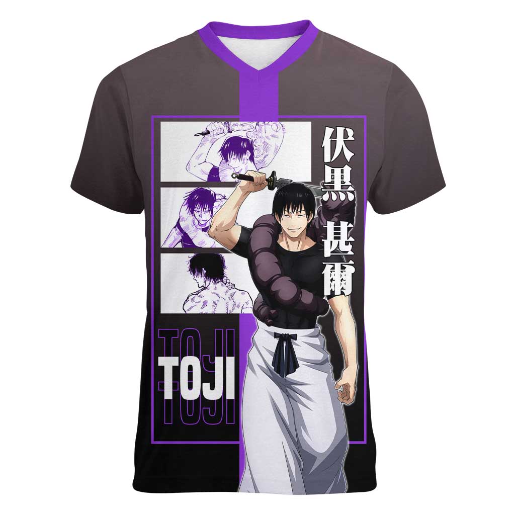 Fushiguro Toji from Jujutsu Kaisen Women V-Neck T-Shirt with Purple and Black Background and Multiple Poses Design - The Mazicc