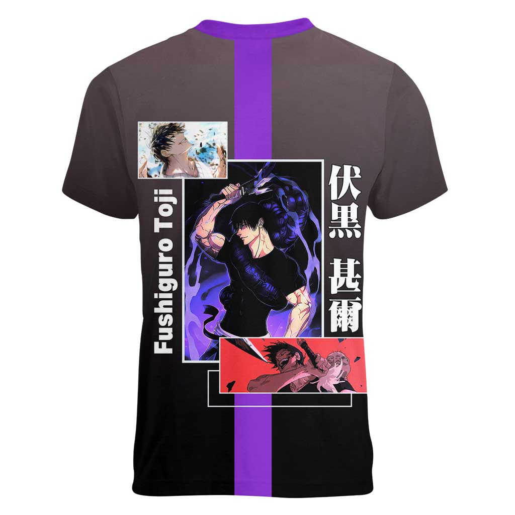 Fushiguro Toji from Jujutsu Kaisen Women V-Neck T-Shirt with Purple and Black Background and Multiple Poses Design - The Mazicc