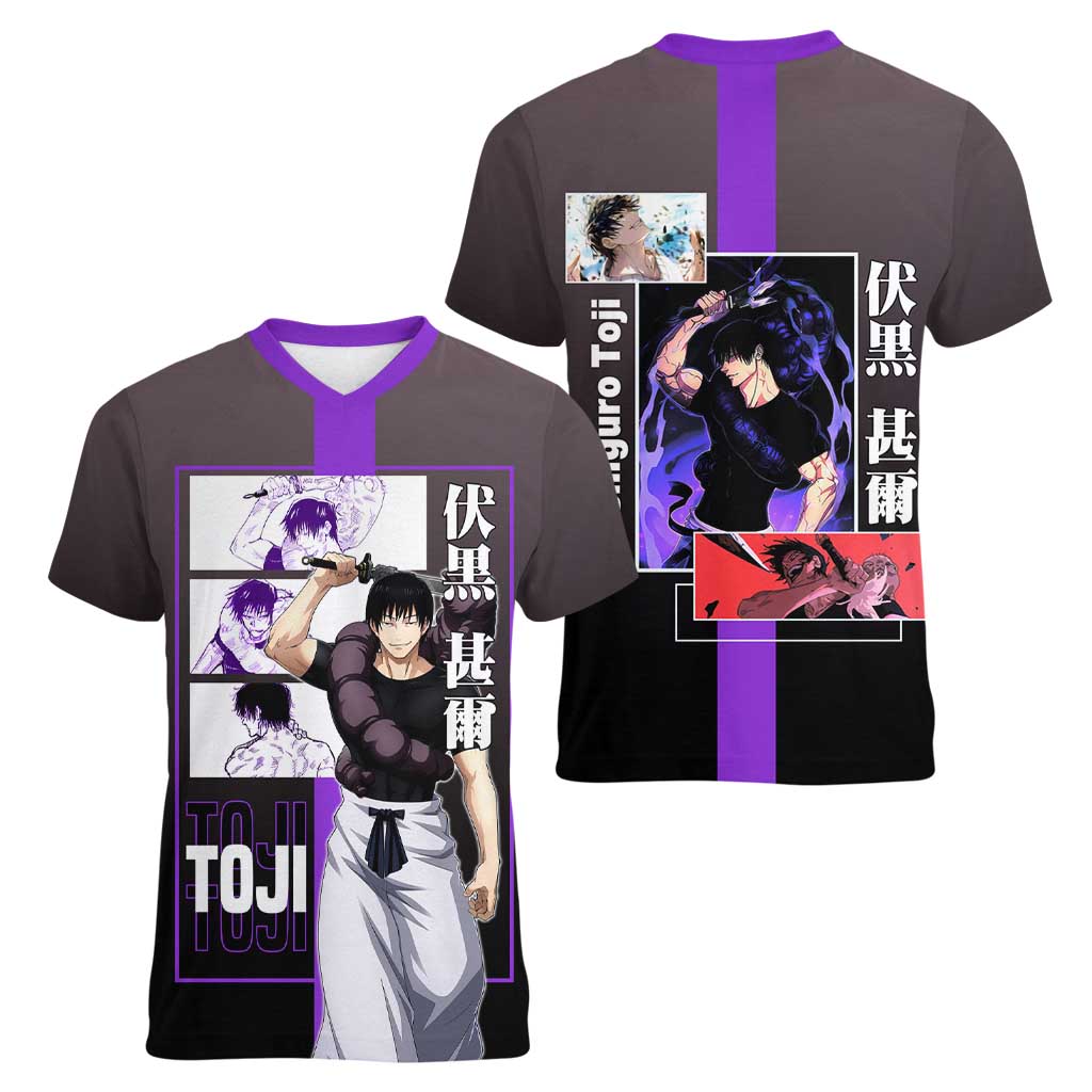 Fushiguro Toji from Jujutsu Kaisen Women V-Neck T-Shirt with Purple and Black Background and Multiple Poses Design - The Mazicc