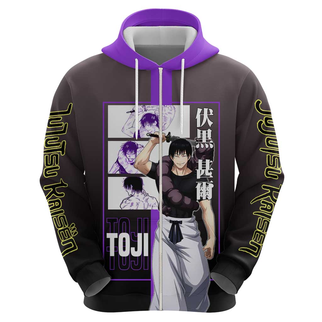 Fushiguro Toji from Jujutsu Kaisen Zip Hoodie with Purple and Black Background and Multiple Poses Design - The Mazicc