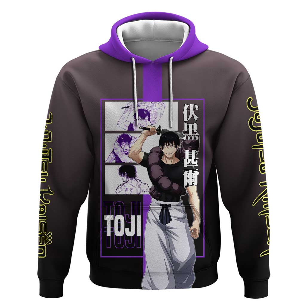 Fushiguro Toji from Jujutsu Kaisen Zip Hoodie with Purple and Black Background and Multiple Poses Design - The Mazicc