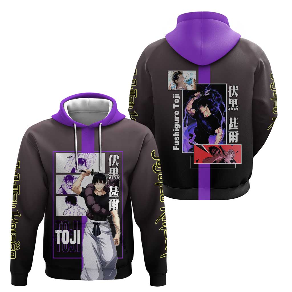 Fushiguro Toji from Jujutsu Kaisen Zip Hoodie with Purple and Black Background and Multiple Poses Design - The Mazicc