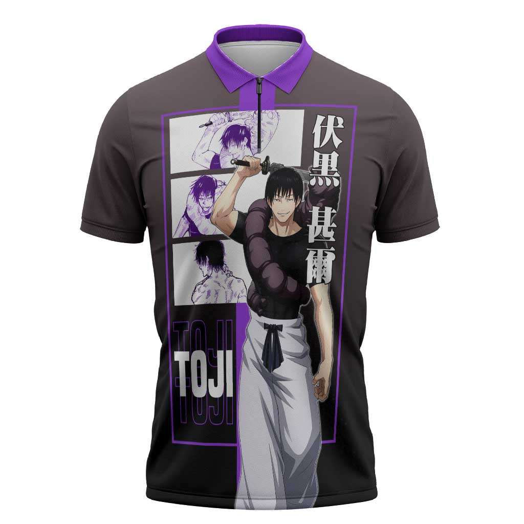 Fushiguro Toji from Jujutsu Kaisen Zipper Polo Shirt with Purple and Black Background and Multiple Poses Design - The Mazicc