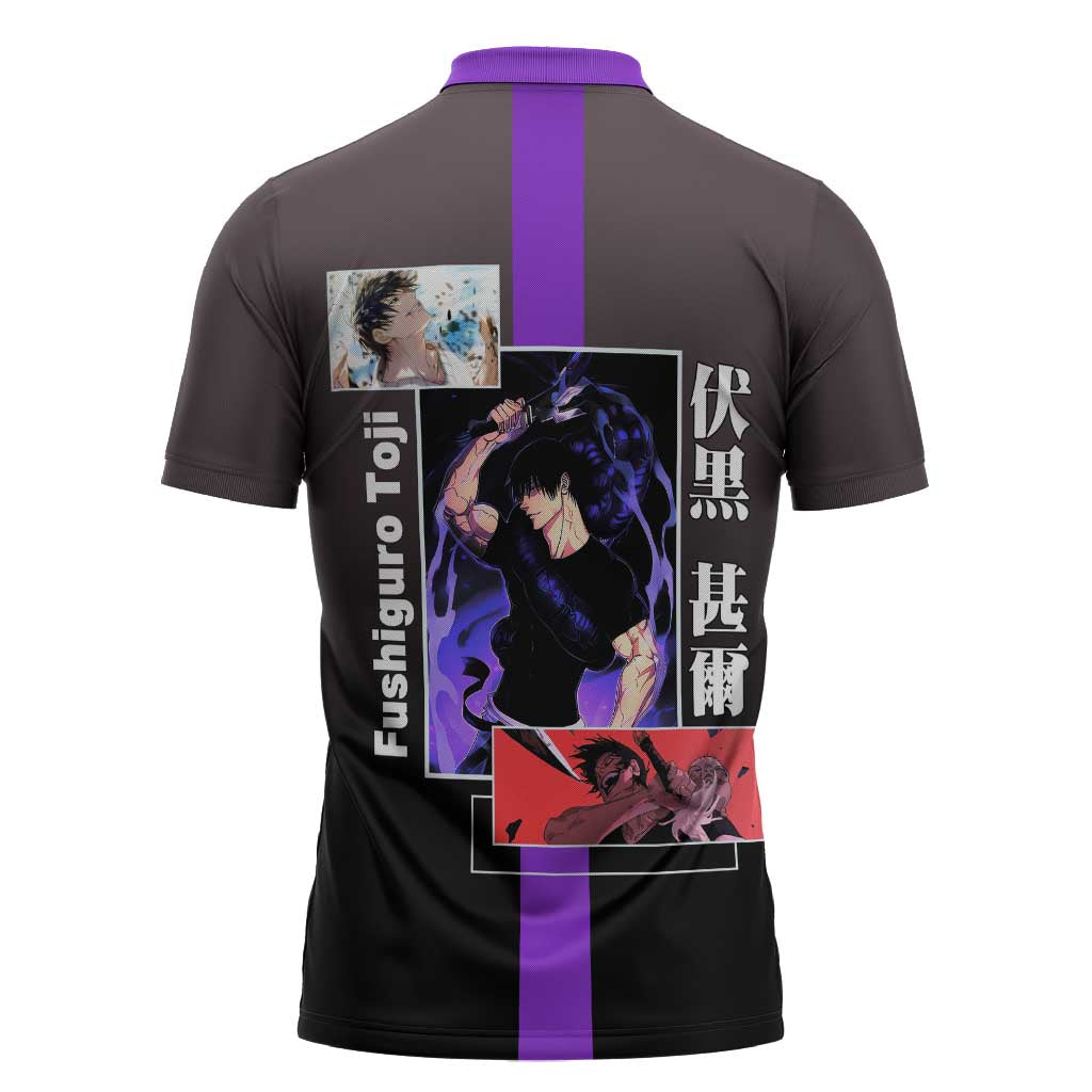 Fushiguro Toji from Jujutsu Kaisen Zipper Polo Shirt with Purple and Black Background and Multiple Poses Design - The Mazicc