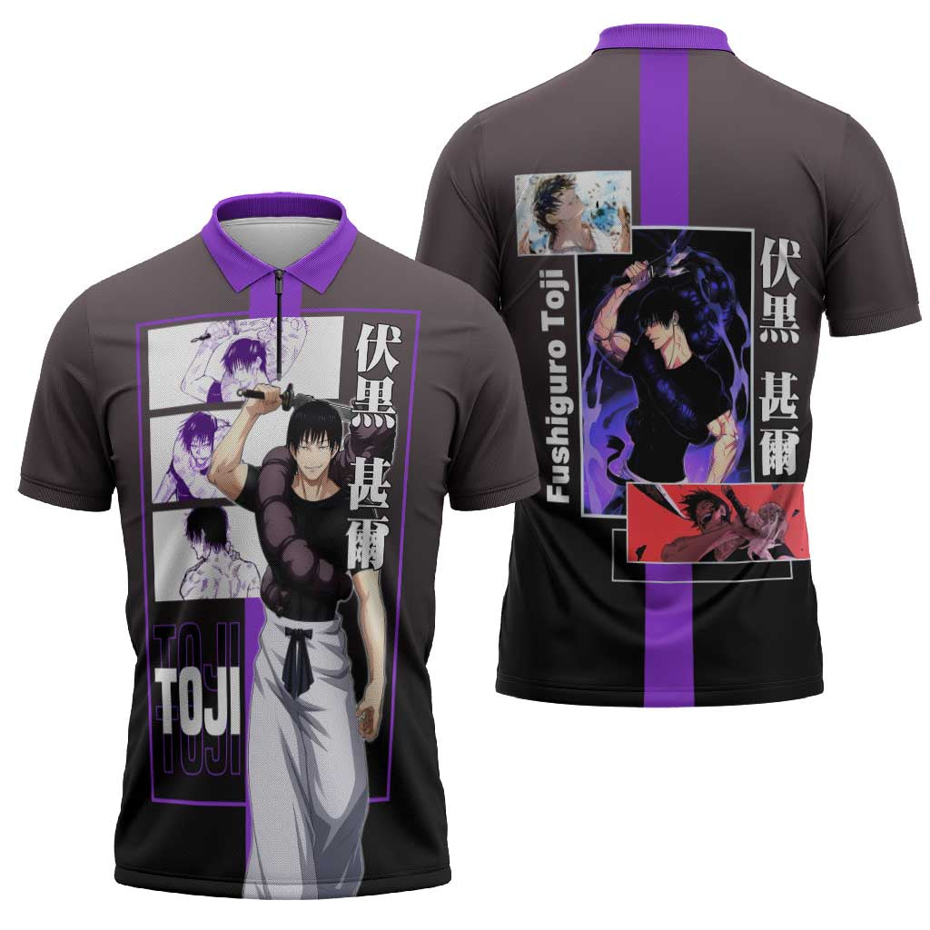 Fushiguro Toji from Jujutsu Kaisen Zipper Polo Shirt with Purple and Black Background and Multiple Poses Design - The Mazicc