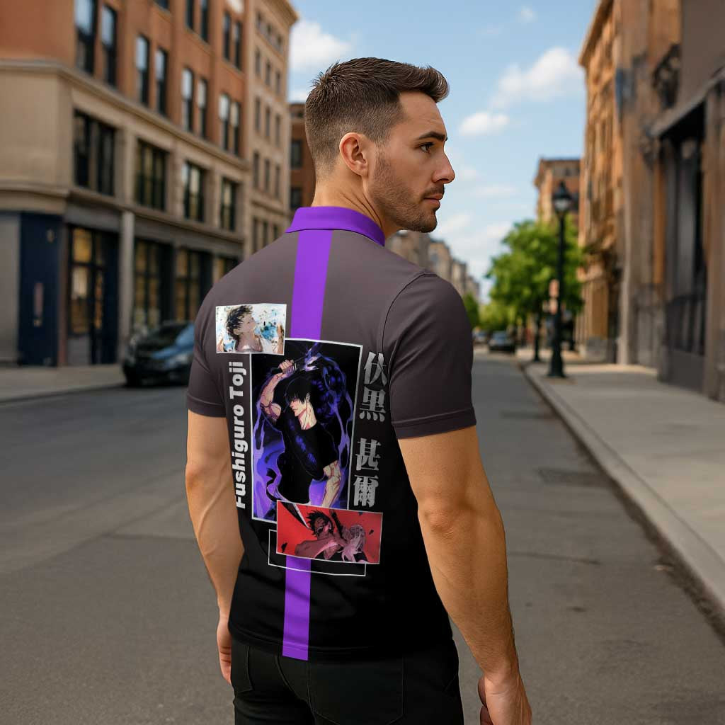 Fushiguro Toji from Jujutsu Kaisen Zipper Polo Shirt with Purple and Black Background and Multiple Poses Design - The Mazicc