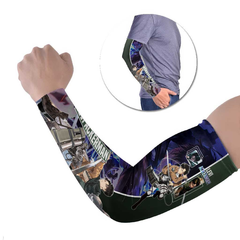 Levi Ackerman from Attack on Titan Arm Sleeves with Dynamic Poses and Green Background Design - The Mazicc