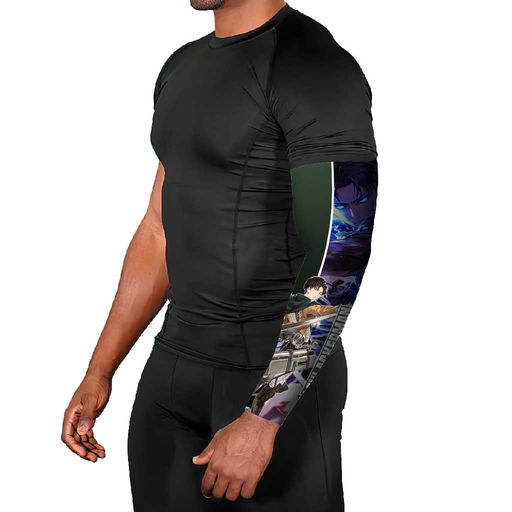 Levi Ackerman from Attack on Titan Arm Sleeves with Dynamic Poses and Green Background Design - The Mazicc