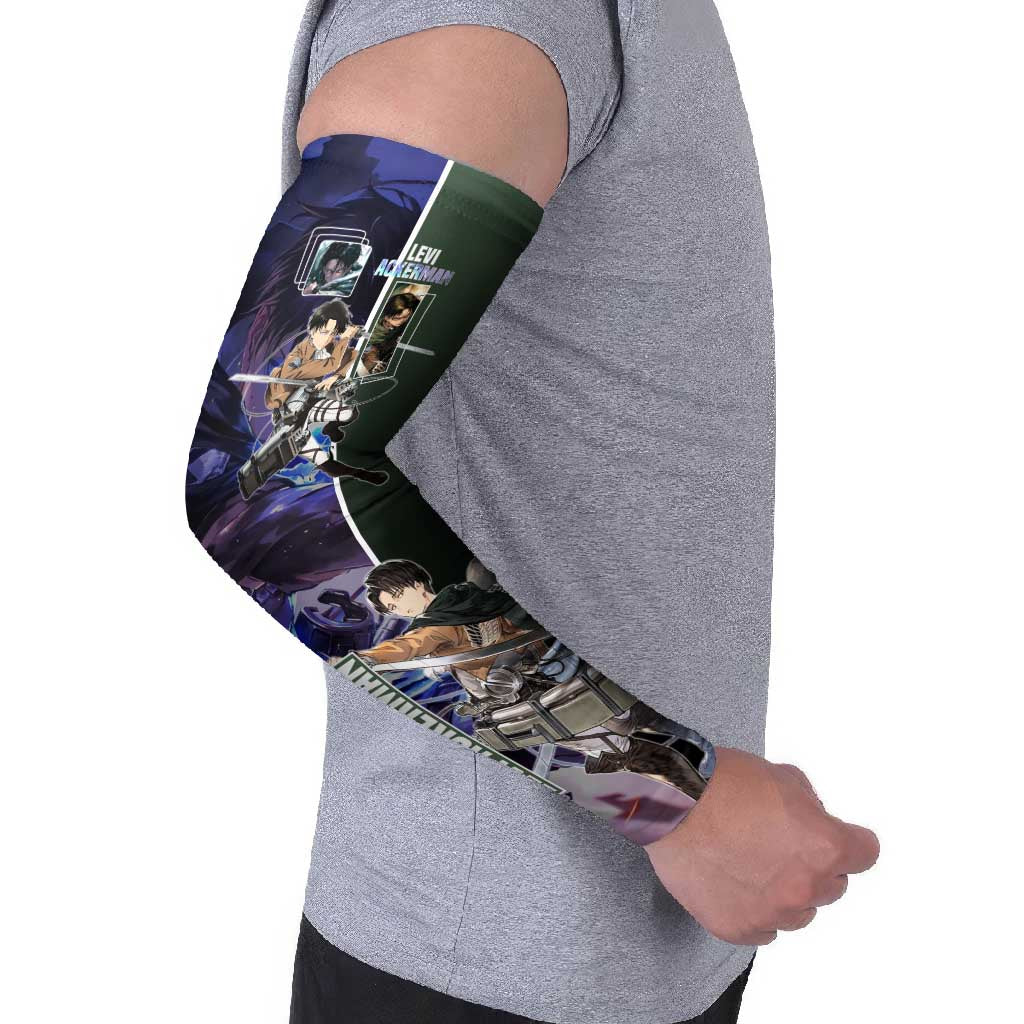 Levi Ackerman from Attack on Titan Arm Sleeves with Dynamic Poses and Green Background Design - The Mazicc