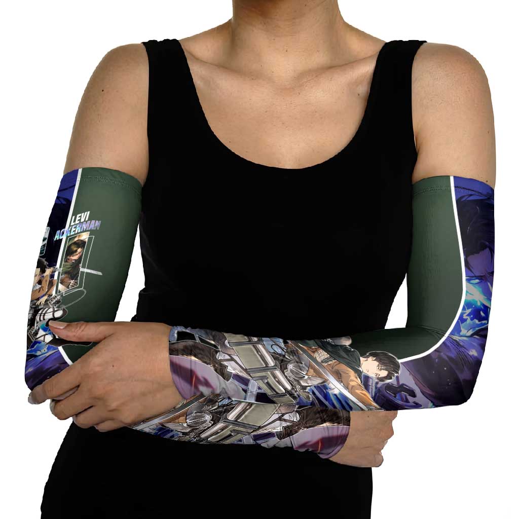 Levi Ackerman from Attack on Titan Arm Sleeves with Dynamic Poses and Green Background Design - The Mazicc