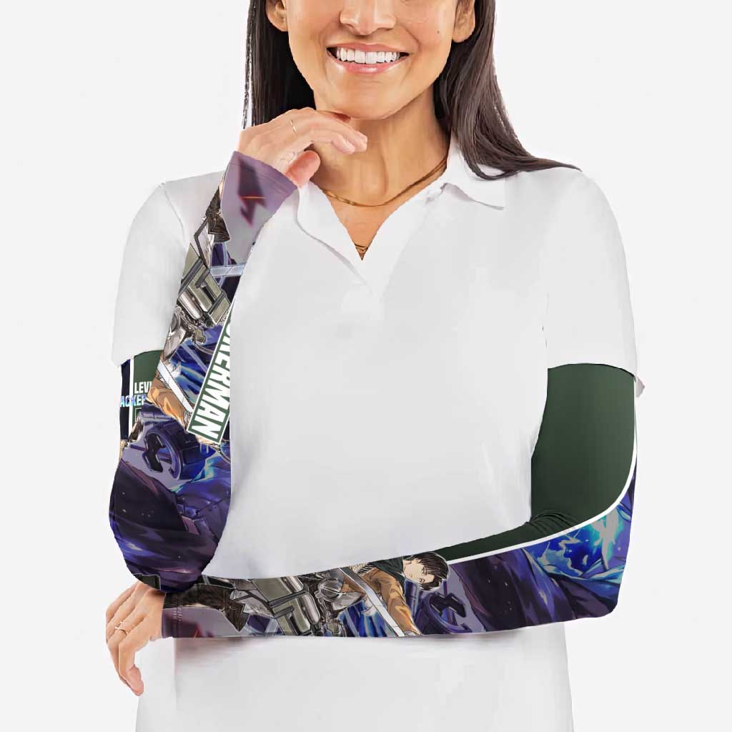 Levi Ackerman from Attack on Titan Arm Sleeves with Dynamic Poses and Green Background Design - The Mazicc