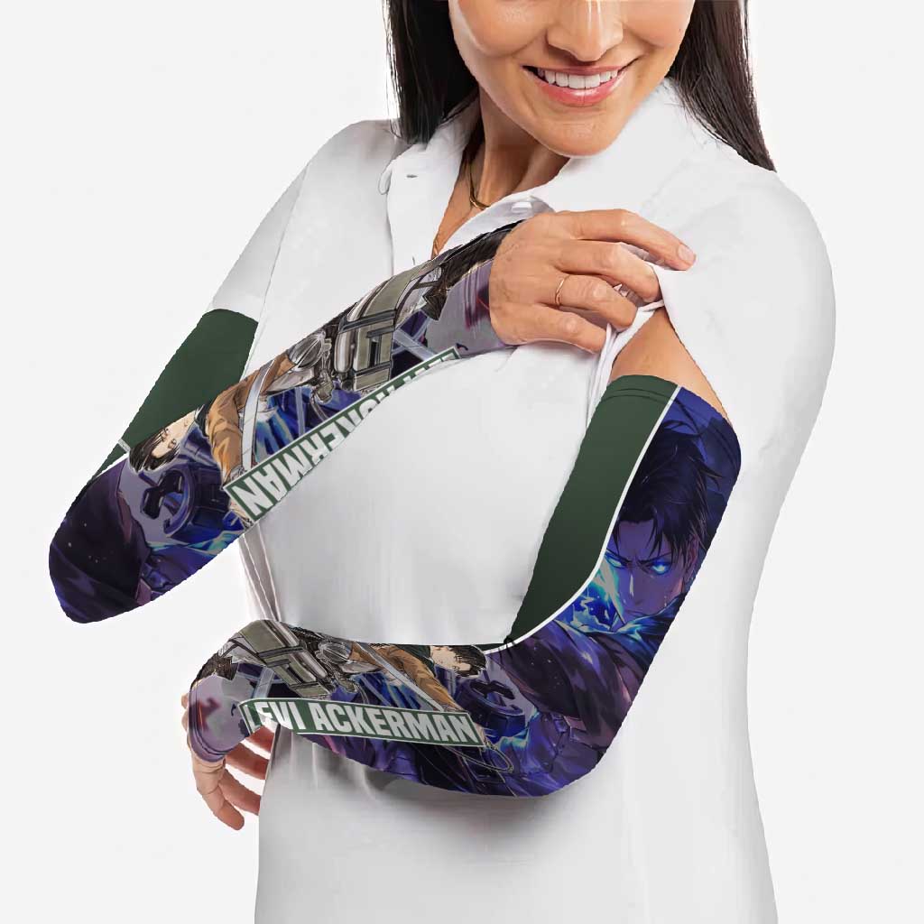 Levi Ackerman from Attack on Titan Arm Sleeves with Dynamic Poses and Green Background Design - The Mazicc