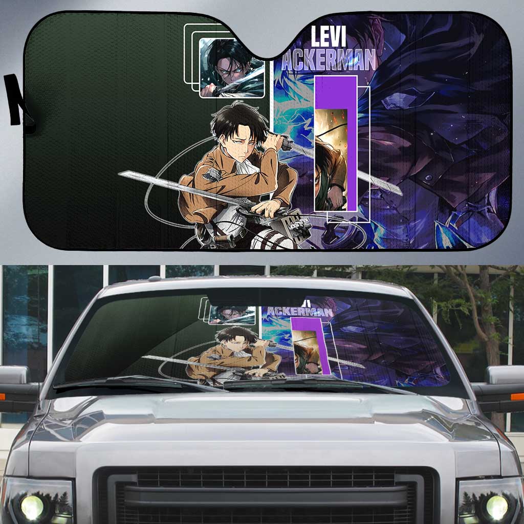 Levi Ackerman from Attack on Titan Auto Sun Shade with Dynamic Poses and Green Background Design - The Mazicc