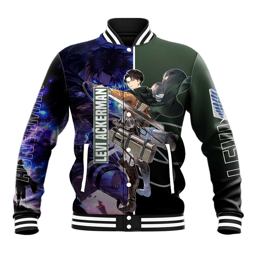 Levi Ackerman from Attack on Titan Baseball Jacket with Dynamic Poses and Green Background Design - The Mazicc