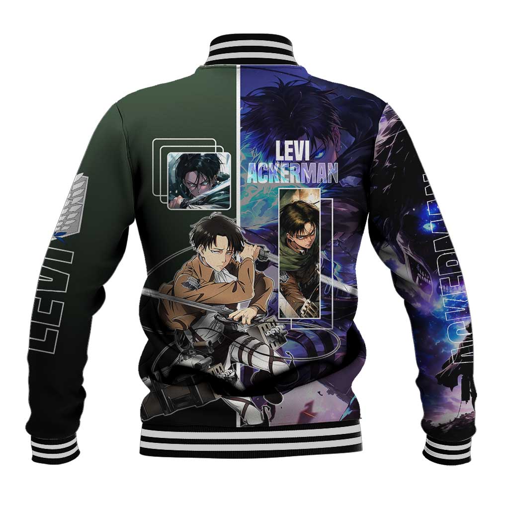 Levi Ackerman from Attack on Titan Baseball Jacket with Dynamic Poses and Green Background Design - The Mazicc