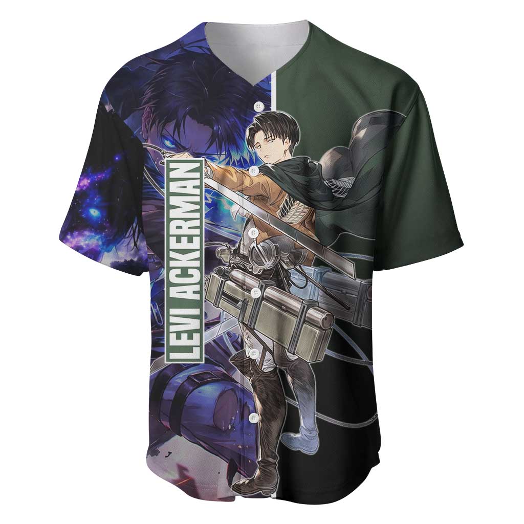 Levi Ackerman from Attack on Titan Baseball Jersey with Dynamic Poses and Green Background Design - The Mazicc