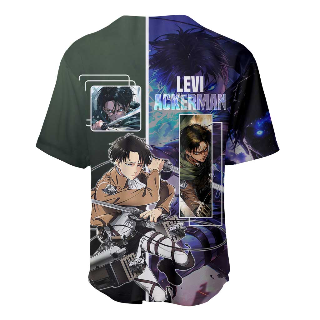 Levi Ackerman from Attack on Titan Baseball Jersey with Dynamic Poses and Green Background Design - The Mazicc