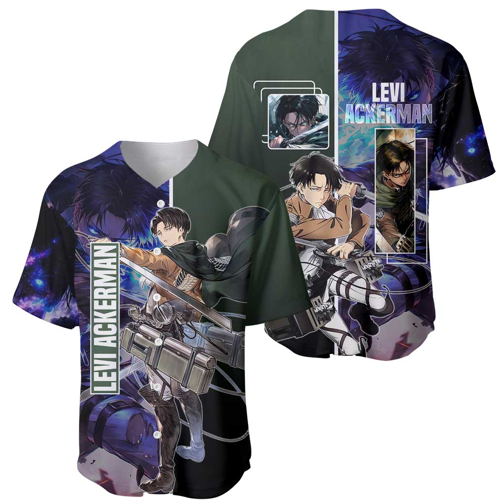 Levi Ackerman from Attack on Titan Baseball Jersey with Dynamic Poses and Green Background Design - The Mazicc