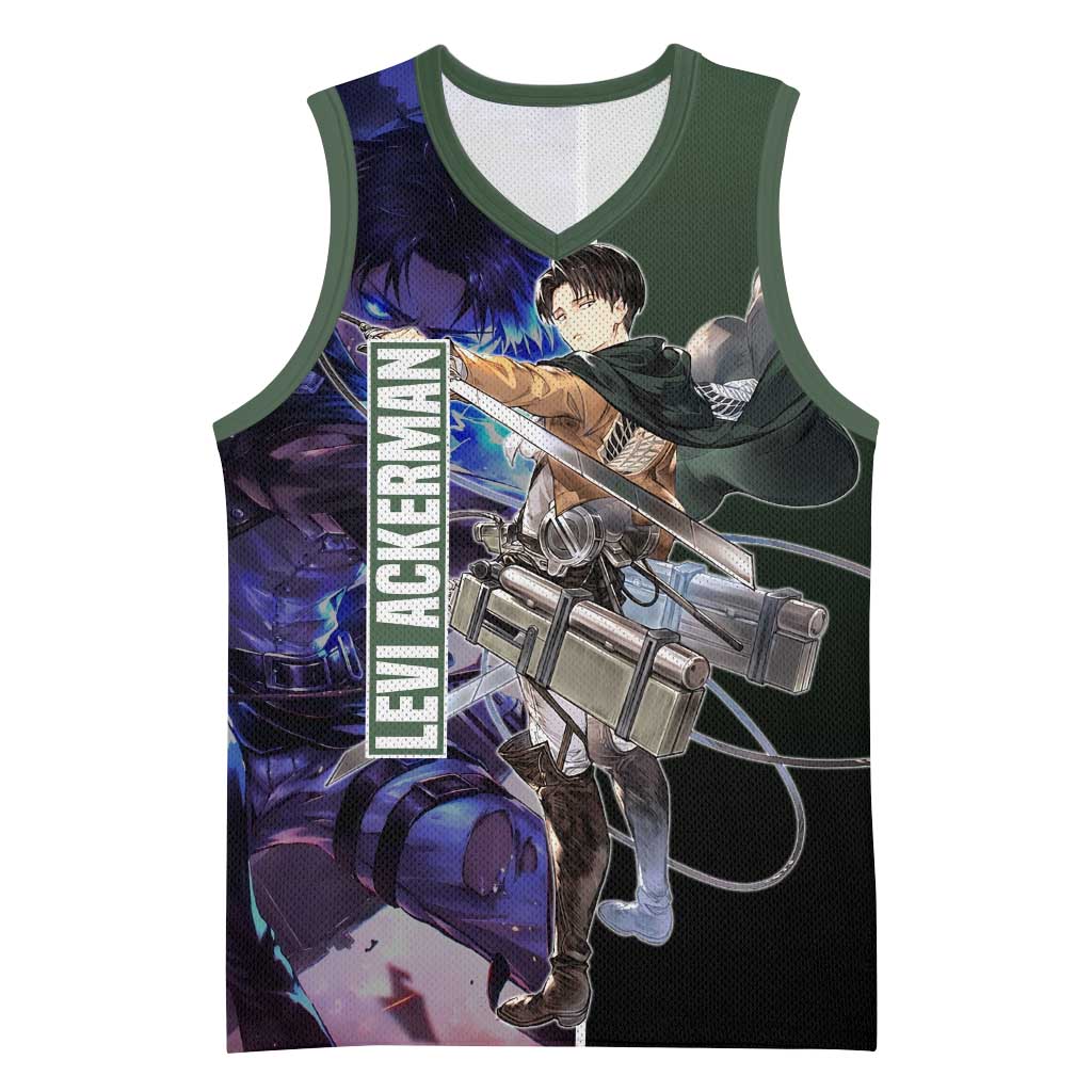 Levi Ackerman from Attack on Titan Basketball Jersey with Dynamic Poses and Green Background Design - The Mazicc