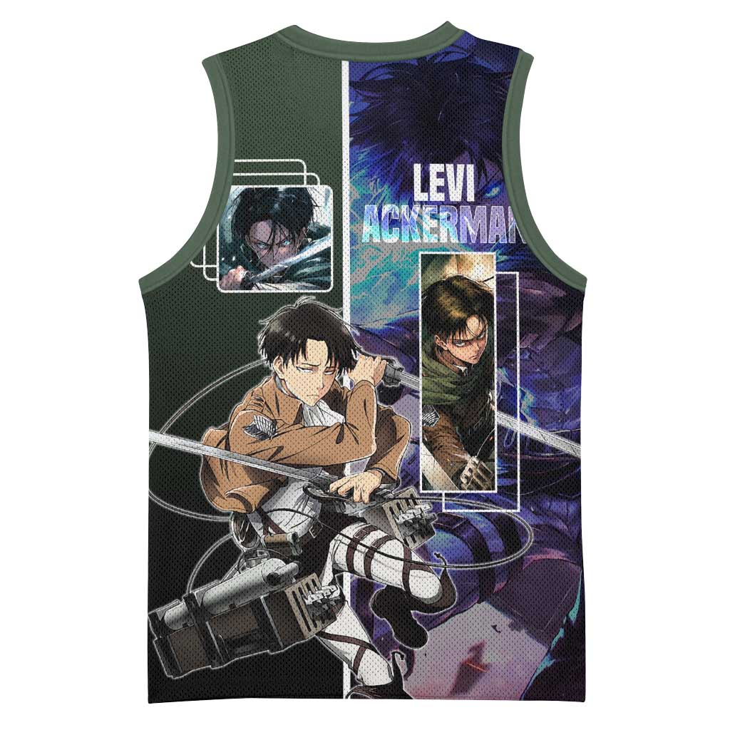 Levi Ackerman from Attack on Titan Basketball Jersey with Dynamic Poses and Green Background Design - The Mazicc