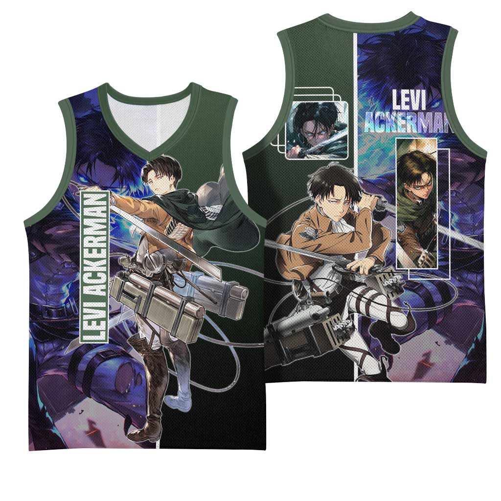 Levi Ackerman from Attack on Titan Basketball Jersey with Dynamic Poses and Green Background Design - The Mazicc
