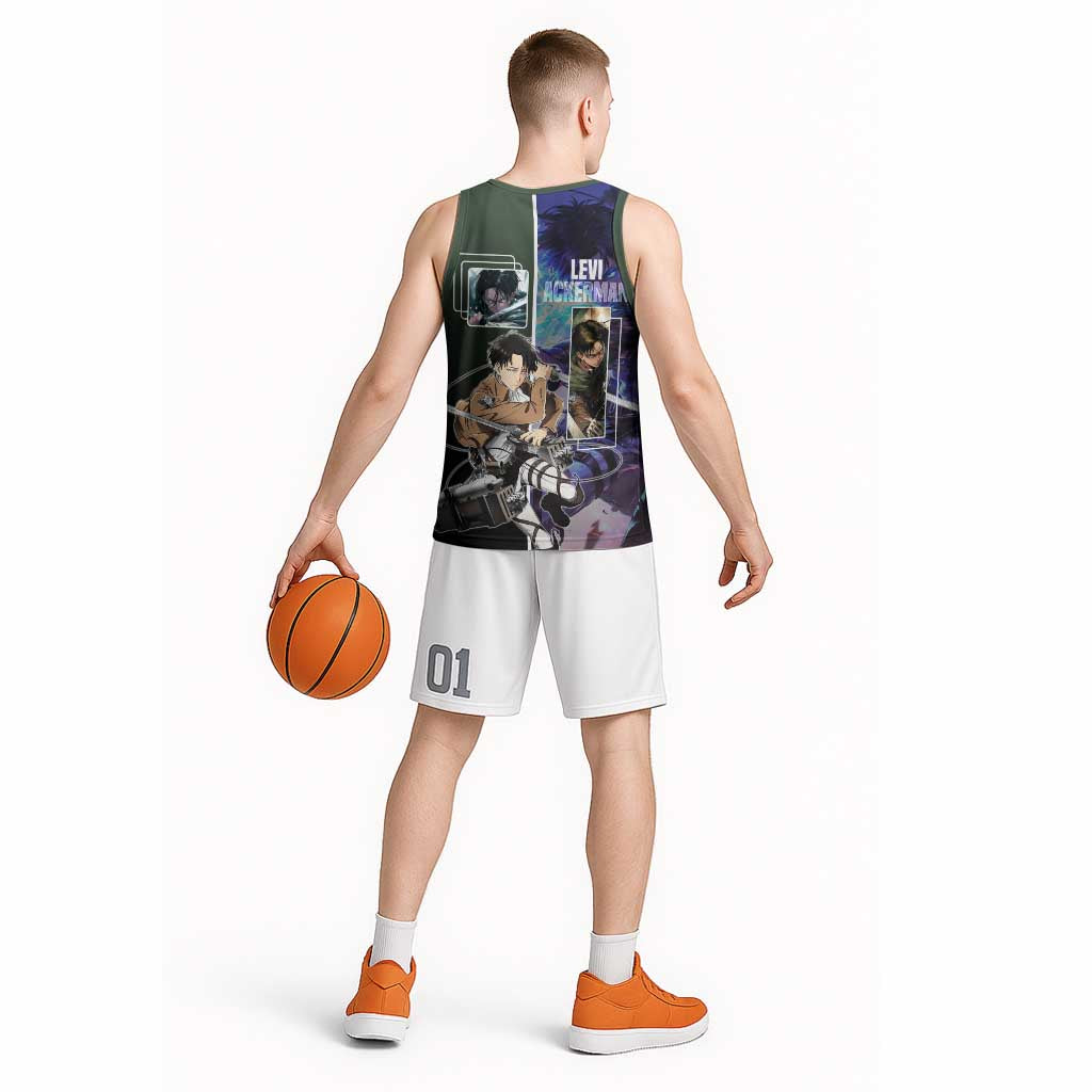 Levi Ackerman from Attack on Titan Basketball Jersey with Dynamic Poses and Green Background Design - The Mazicc