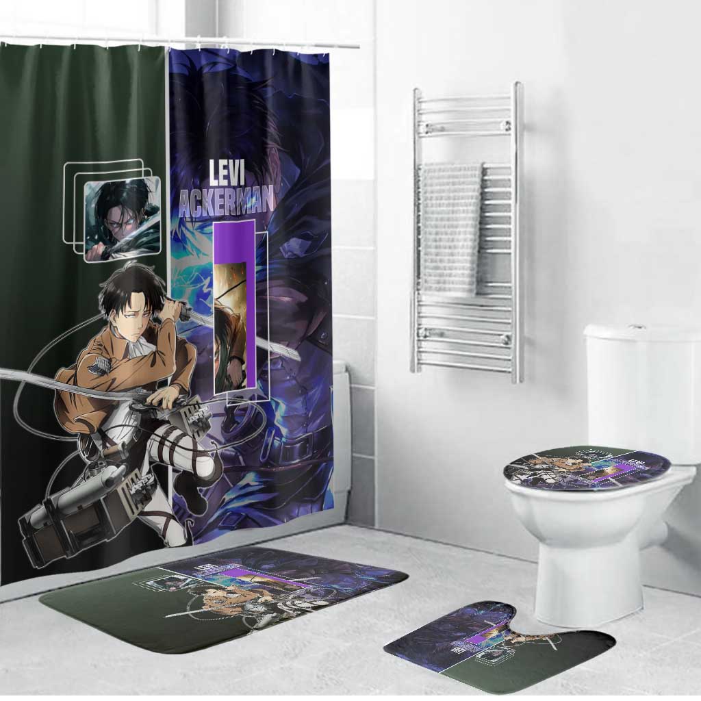 Levi Ackerman from Attack on Titan Bathroom Set with Dynamic Poses and Green Background Design - The Mazicc