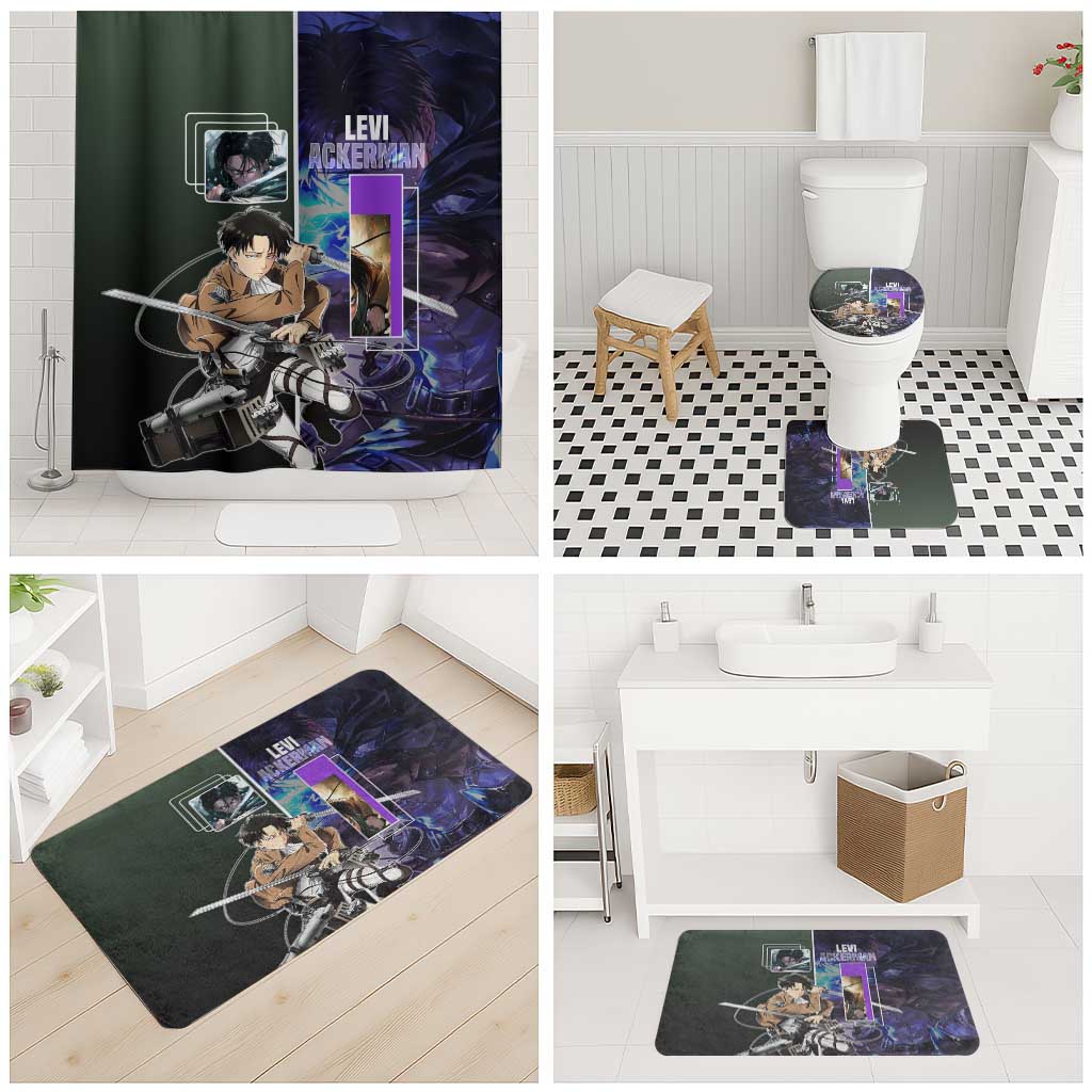 Levi Ackerman from Attack on Titan Bathroom Set with Dynamic Poses and Green Background Design - The Mazicc