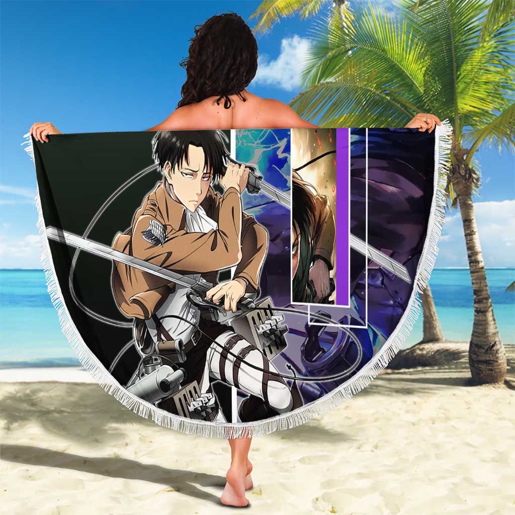 Levi Ackerman from Attack on Titan Beach Blanket with Dynamic Poses and Green Background Design - The Mazicc