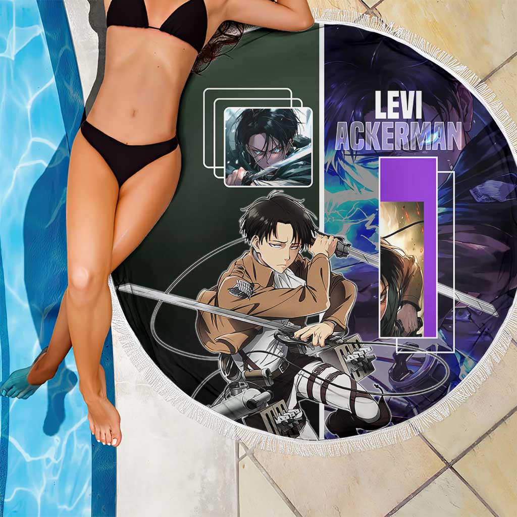 Levi Ackerman from Attack on Titan Beach Blanket with Dynamic Poses and Green Background Design - The Mazicc