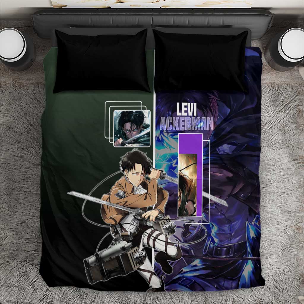 Levi Ackerman from Attack on Titan Bedding Set with Dynamic Poses and Green Background Design - The Mazicc